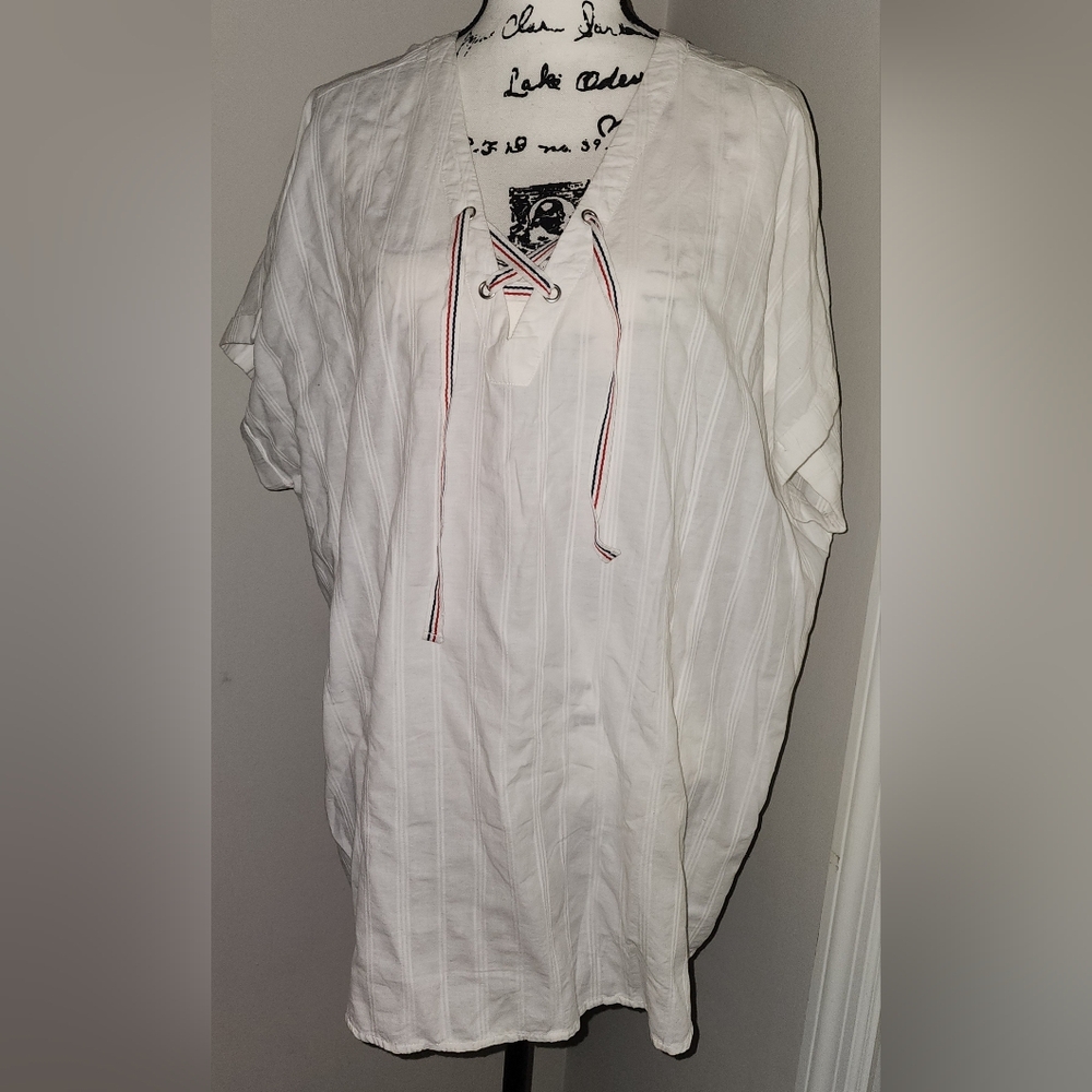 New Tommy Hilfiger Striped Ribbon Laceup White  Plus Size Swim Coverup Size XXL